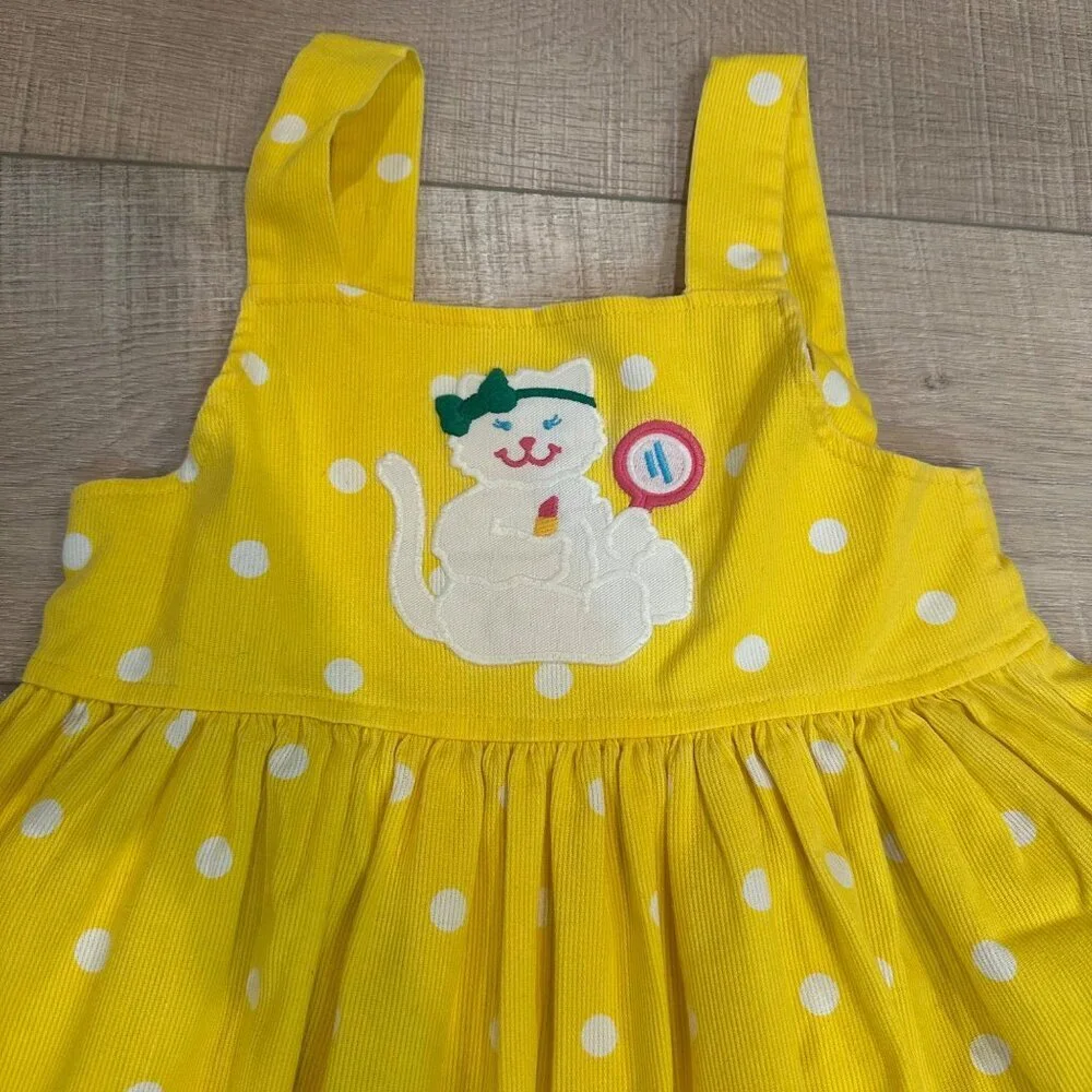 KELLY'S KIDS YELLOW WHITE KITTEN KITTY JUMPER DRESS VINTAGE SIZE 5 GIRLS